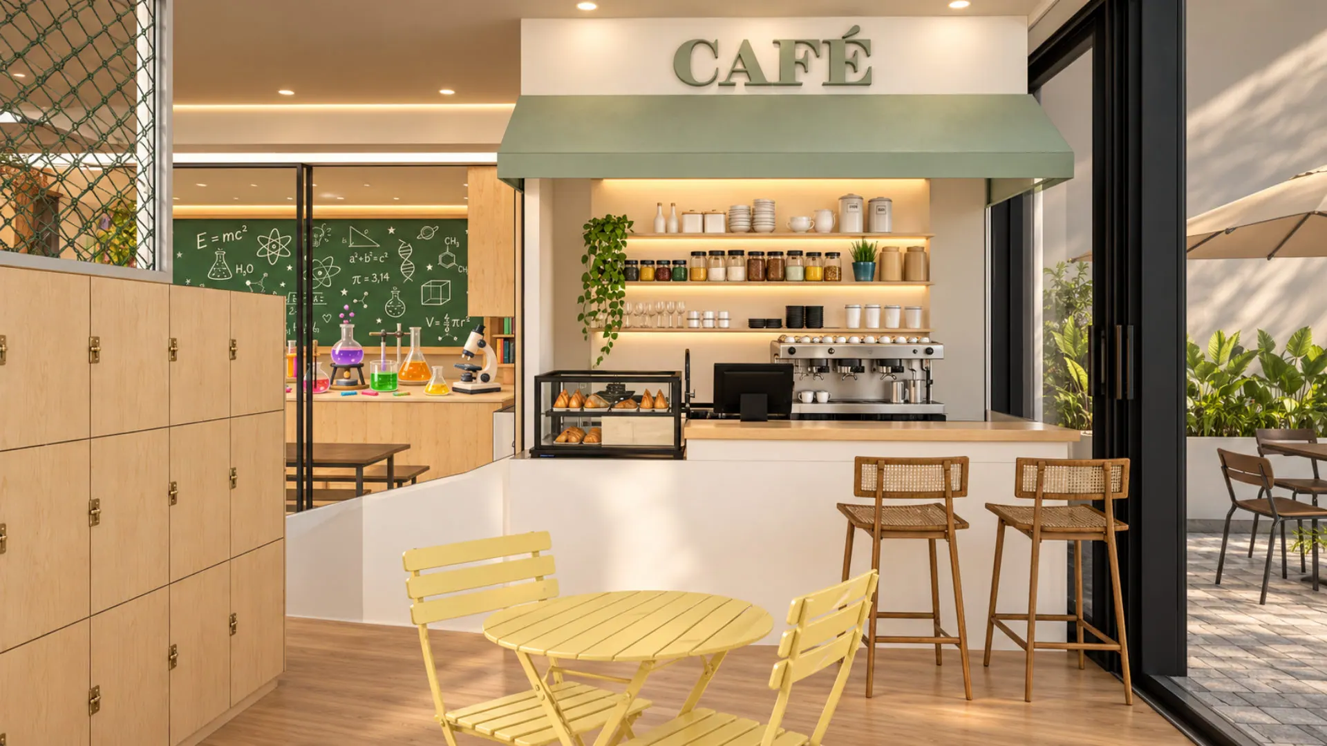 Balcão de café com toldo verde e mesinha amarela