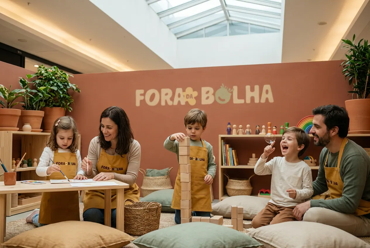 Pais e filhos brincando juntos: pintura, blocos e bolhas de sabão