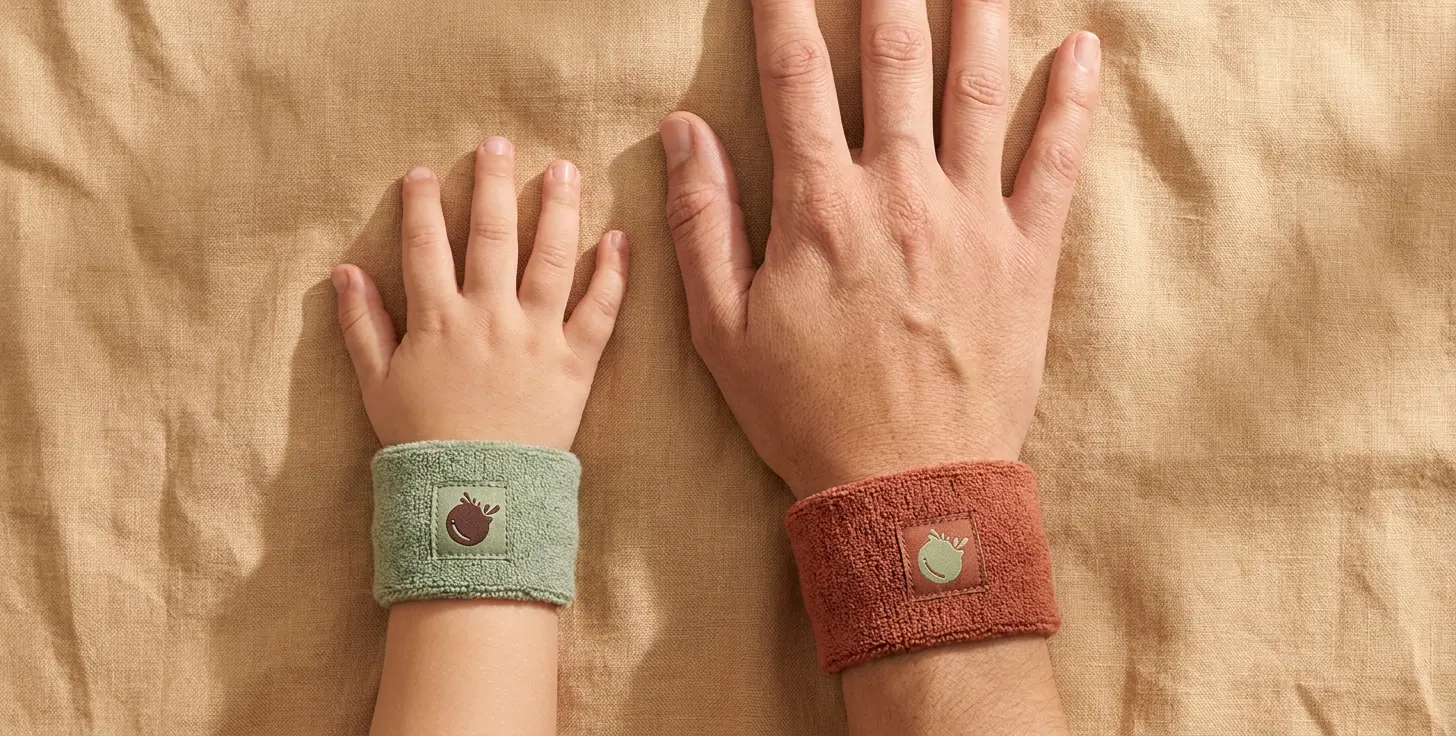 Mão de criança e mão de adulto com pulseiras da Fora da Bolha